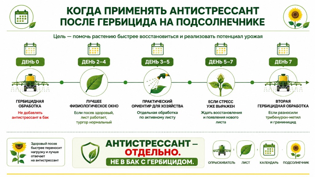 Когда применять антистрессант после гербицида на подсолнечнике: окно 2–4 / 3–5 / 5–7 дней