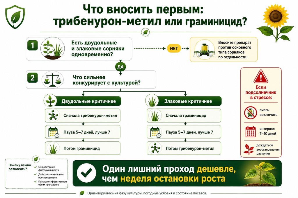 Что вносить первым: трибенурон-метил или граминицид — логика раздельных обработок
