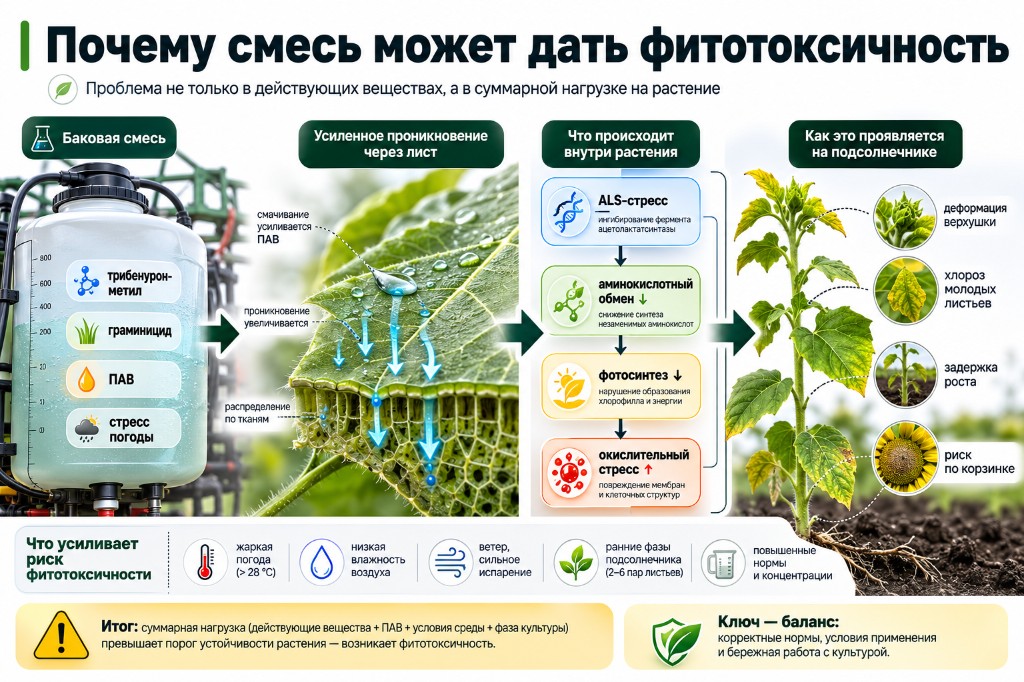 Почему баковая смесь трибенурон-метила с граминицидом может усиливать фитотоксичность: суммарная нагрузка на растение